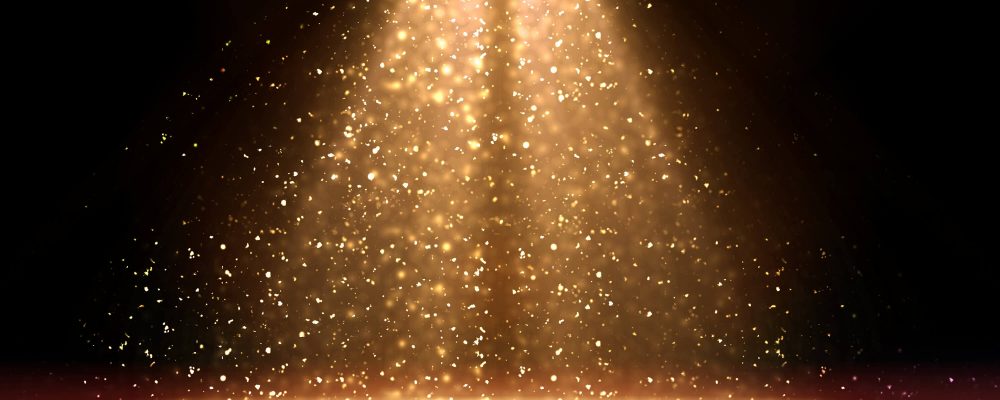 Stage light and golden glitter lights on floor. Abstract gold background for display your product. Spotlight realistic ray