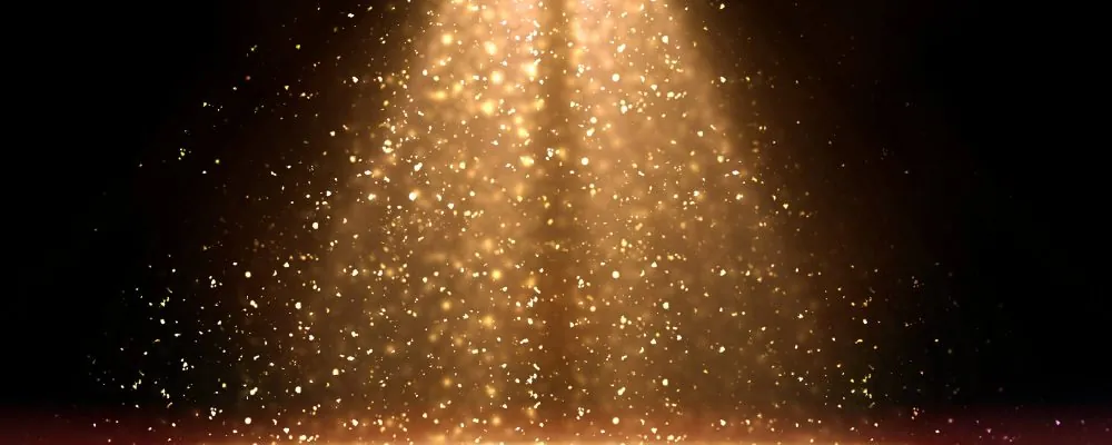 Stage light and golden glitter lights on floor. Abstract gold background for display your product. Spotlight realistic ray
