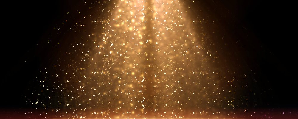 Stage light and golden glitter lights on floor. Abstract gold background for display your product. Spotlight realistic ray